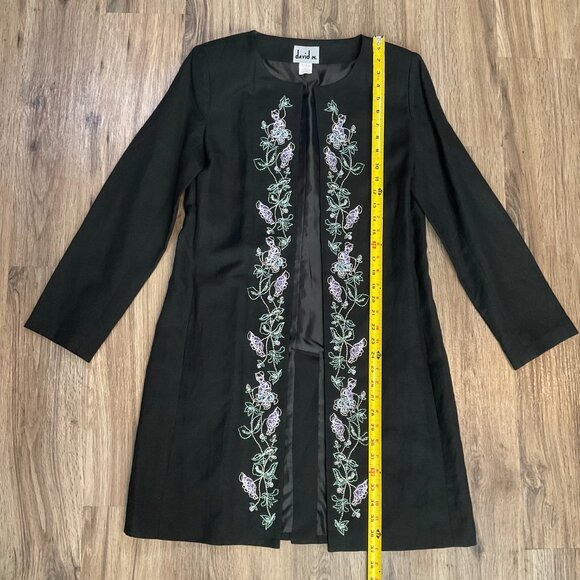 Vintage David N. Linen Blazer Jacket Coat Duster Cardigan Black Embroidered Sz 6 - Picture 5 of 6